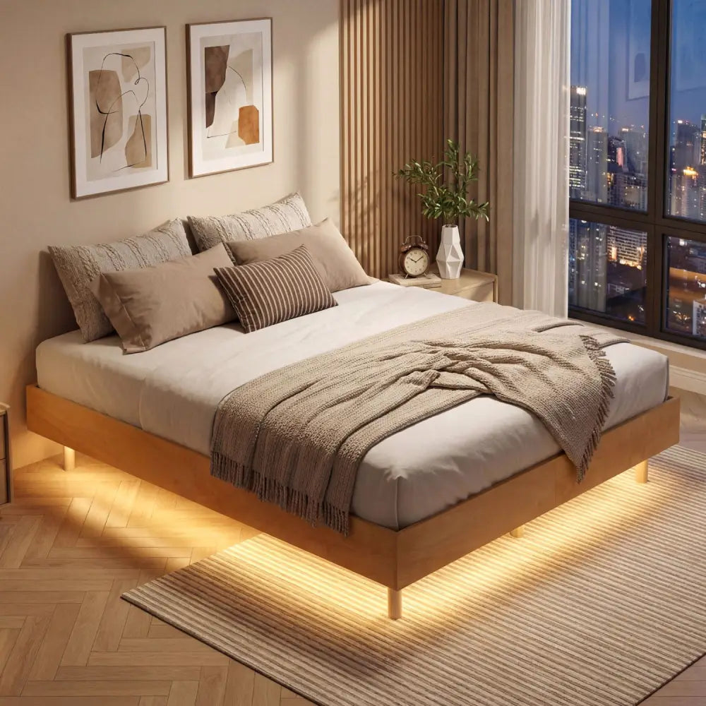 Twin/Full/Queen Size Floating Bed Frame with LED Lights for Bedroom-Queen - Natural - Beds & Bed Frames