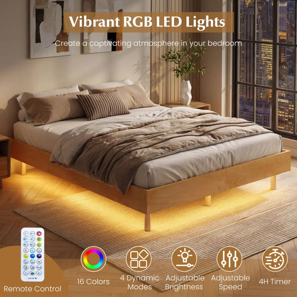 Twin/Full/Queen Size Floating Bed Frame with LED Lights for Bedroom-Full - Natural - Beds & Bed Frames