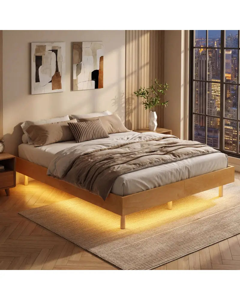 Twin/Full/Queen Size Floating Bed Frame with LED Lights for Bedroom-Full - Natural - Beds & Bed Frames