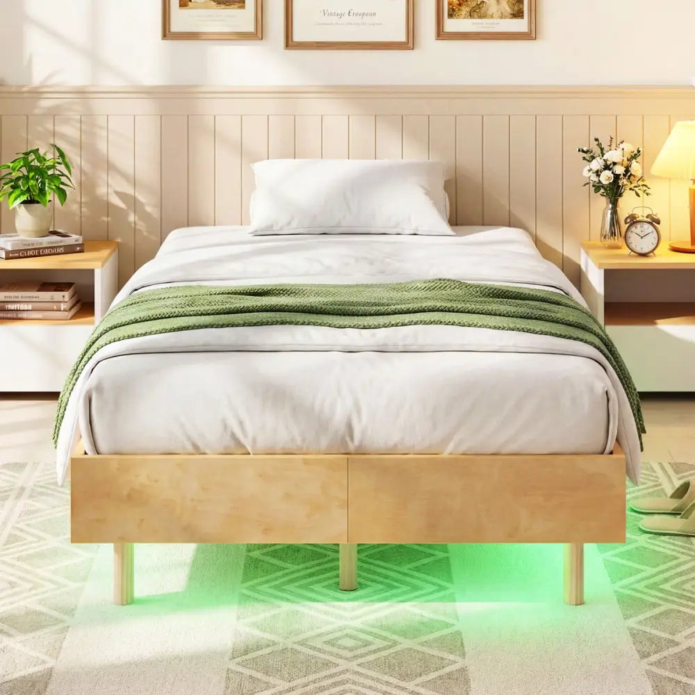 Twin/Full/Queen Size Floating Bed Frame with LED Lights for Bedroom-Twin - Natural - Beds & Bed Frames