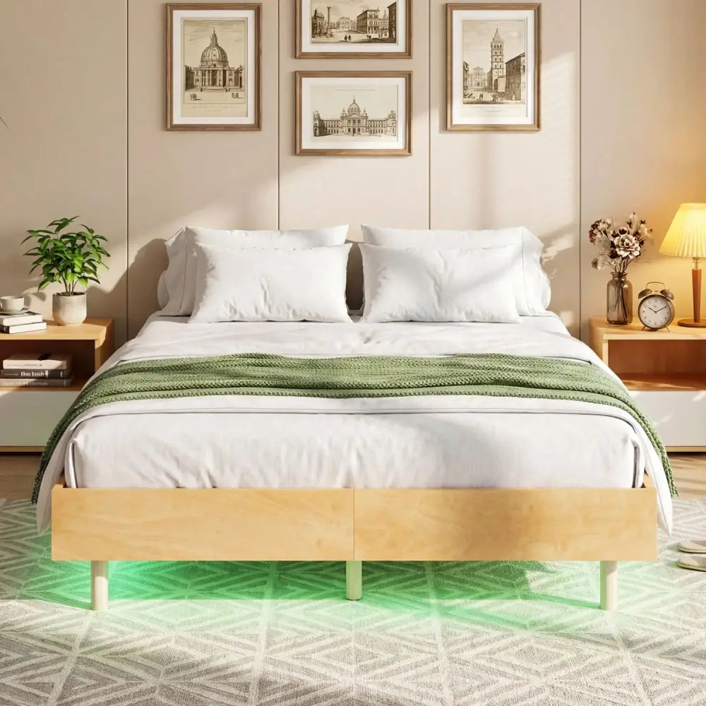 Twin/Full/Queen Size Floating Bed Frame with LED Lights for Bedroom-Full - Natural - Beds & Bed Frames