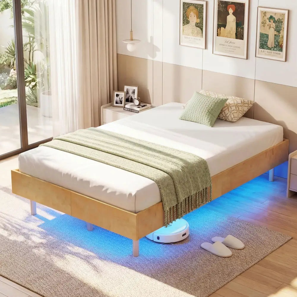 Twin/Full/Queen Size Floating Bed Frame with LED Lights for Bedroom-Twin - Natural - Beds & Bed Frames