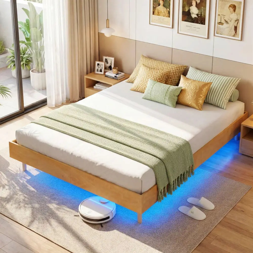 Twin/Full/Queen Size Floating Bed Frame with LED Lights for Bedroom-Queen - Natural - Beds & Bed Frames