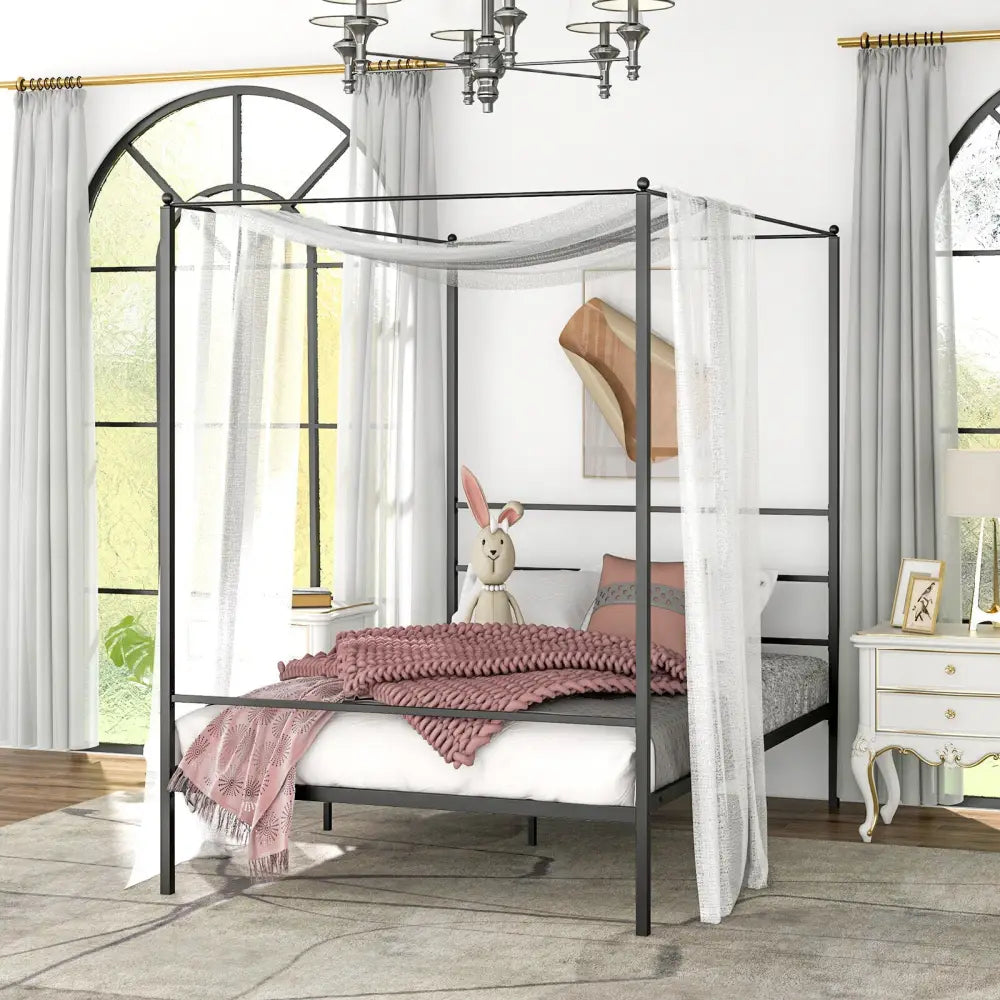 Twin/Full/Queen Size Metal Canopy Bed Frame with Slat Support-Full Size - Black - Simple Bed Frame