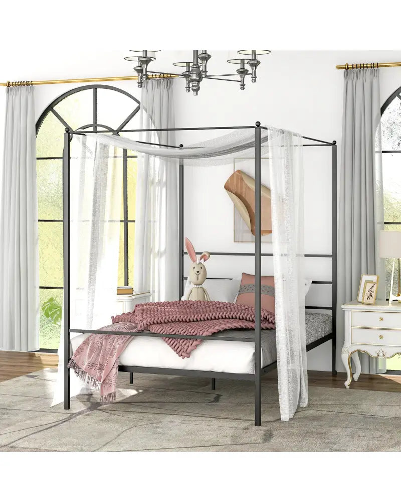 Twin/Full/Queen Size Metal Canopy Bed Frame with Slat Support-Full Size - Black - Simple Bed Frame