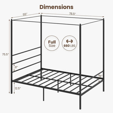 Twin/Full/Queen Size Metal Canopy Bed Frame with Slat Support-Full Size - Black - Simple Bed Frame