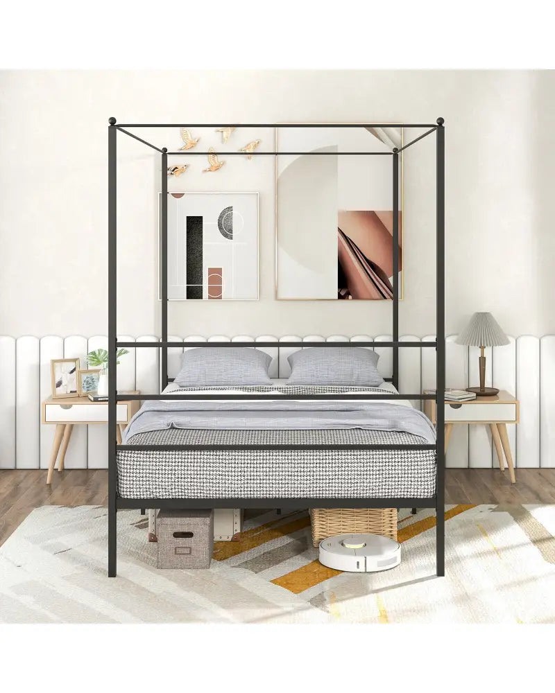 Twin/Full/Queen Size Metal Canopy Bed Frame with Slat Support-Full Size - Black - Simple Bed Frame