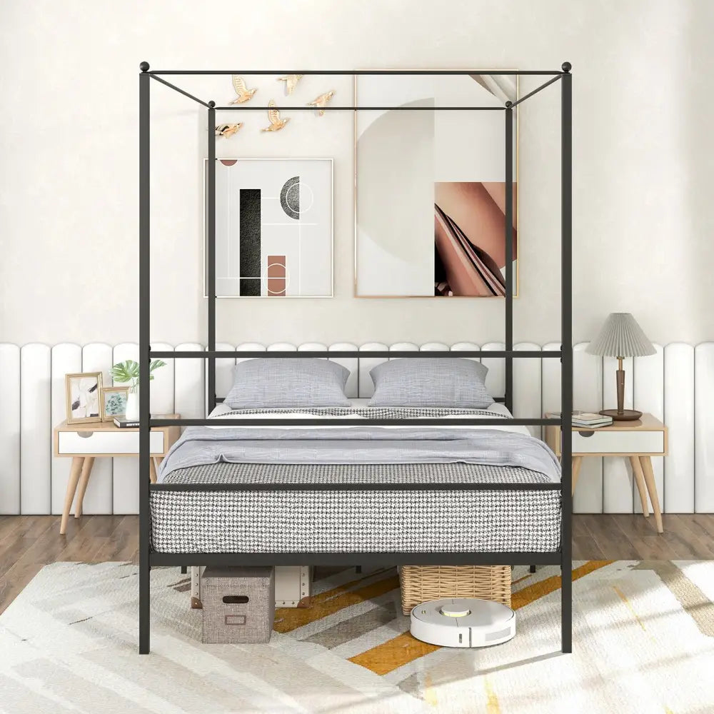 Twin/Full/Queen Size Metal Canopy Bed Frame with Slat Support-Full Size - Black - Simple Bed Frame