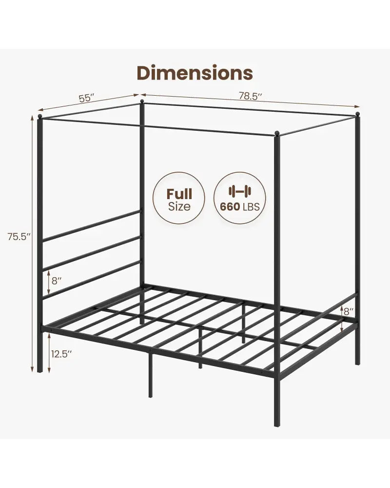 Twin/Full/Queen Size Metal Canopy Bed Frame with Slat Support-Full Size - Black - Simple Bed Frame