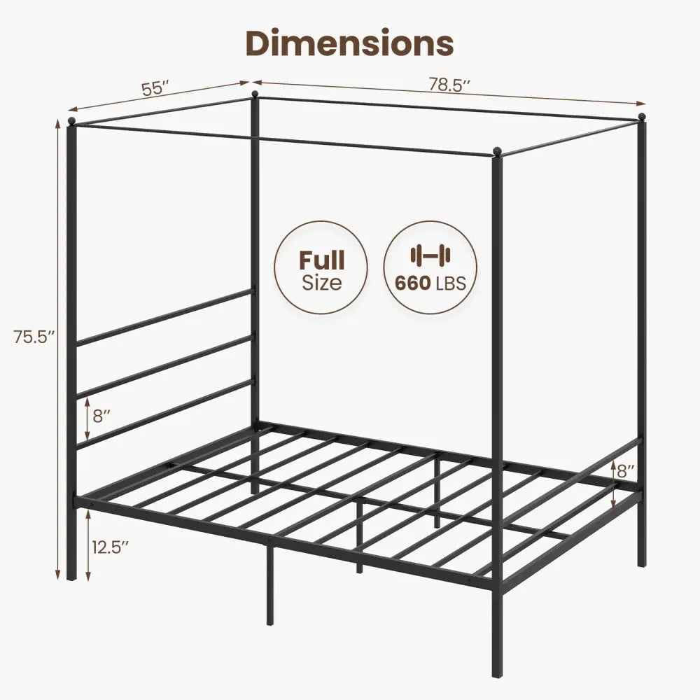 Twin/Full/Queen Size Metal Canopy Bed Frame with Slat Support-Full Size - Black - Simple Bed Frame