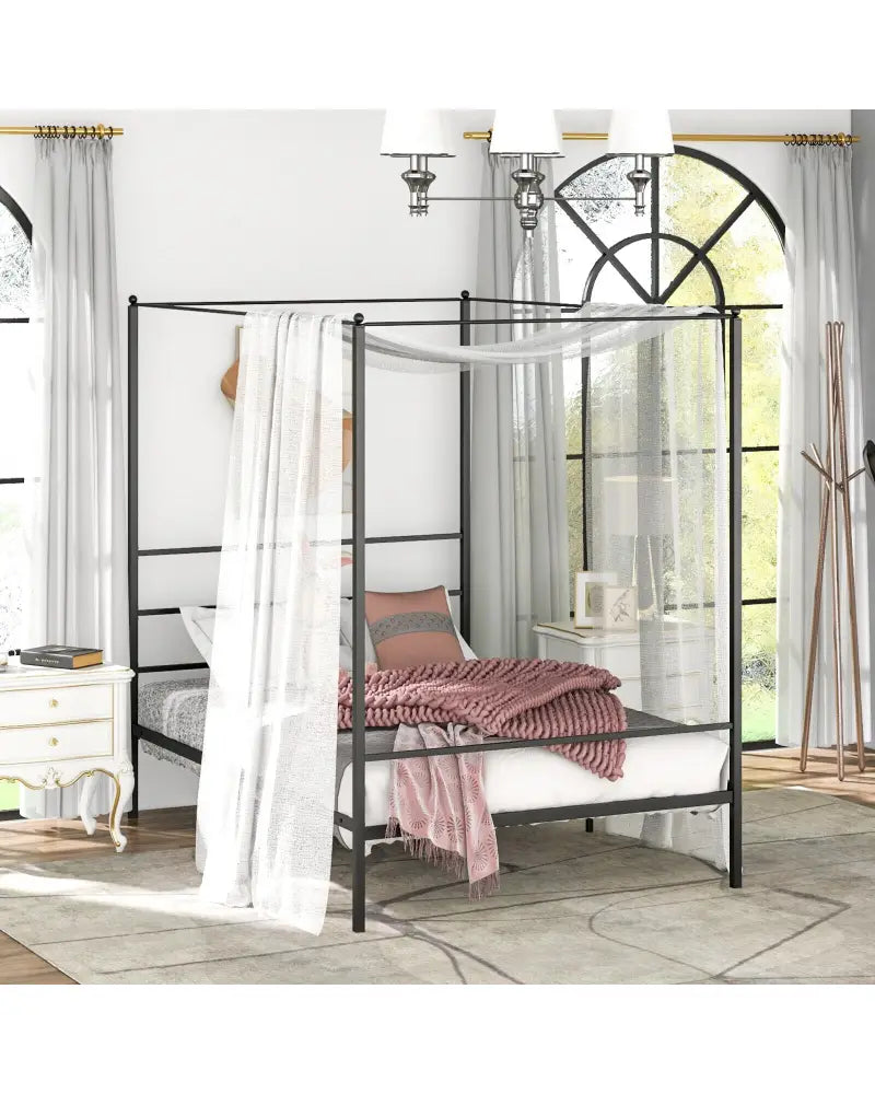 Twin/Full/Queen Size Metal Canopy Bed Frame with Slat Support-Full Size - Black - Simple Bed Frame