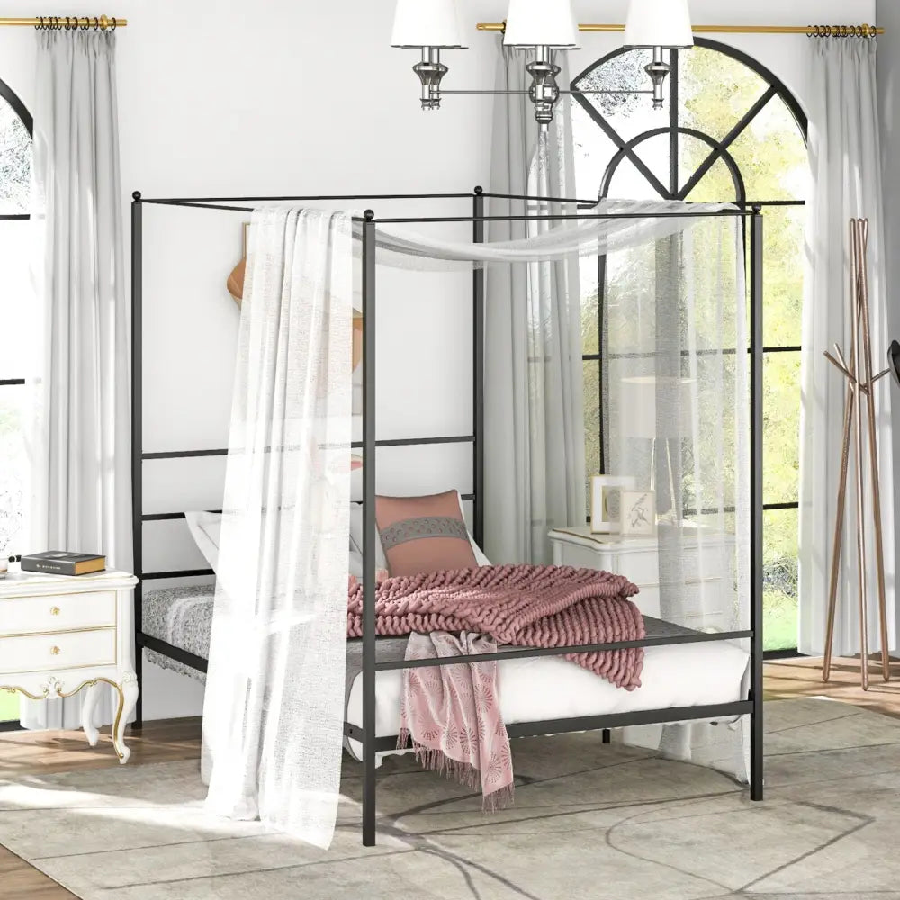 Twin/Full/Queen Size Metal Canopy Bed Frame with Slat Support-Full Size - Black - Simple Bed Frame