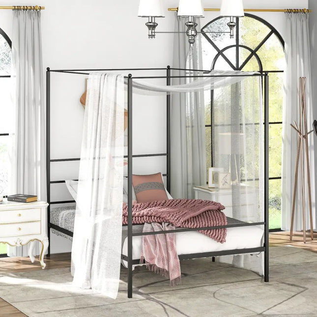 Twin/Full/Queen Size Metal Canopy Bed Frame with Slat Support-Full Size - Black - Simple Bed Frame