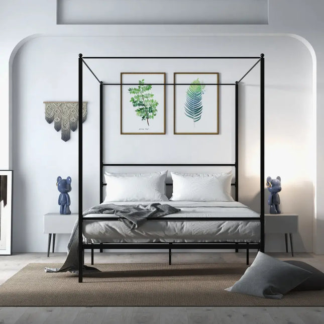 Twin/Full/Queen Size Metal Canopy Bed Frame with Slat Support-Queen Size - Black - Simple Bed Frame