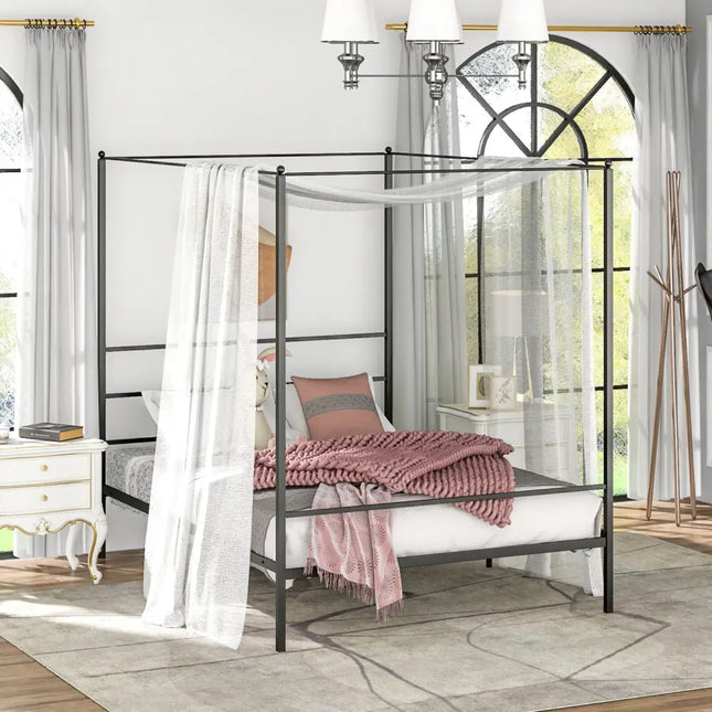 Twin/Full/Queen Size Metal Canopy Bed Frame with Slat Support-Queen Size - Black - Simple Bed Frame