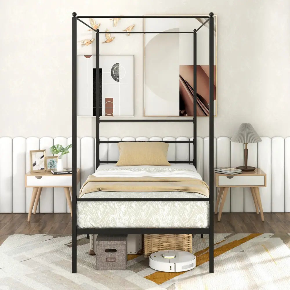 Twin/Full/Queen Size Metal Canopy Bed Frame with Slat Support-Twin Size - Black - Simple Bed Frame