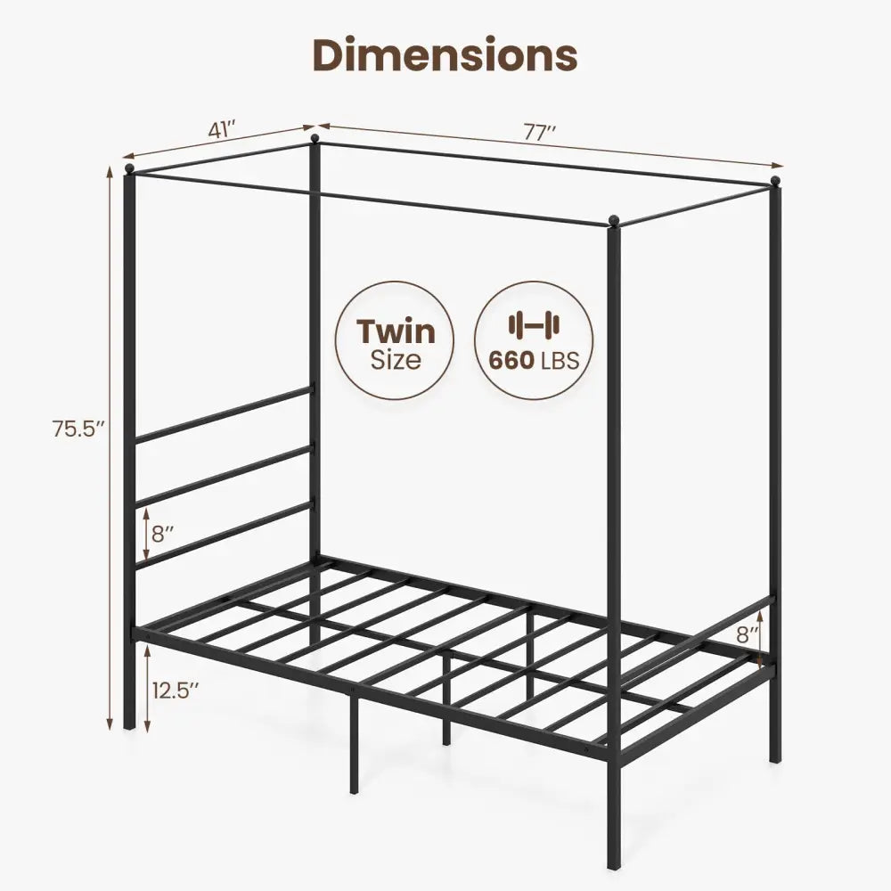 Twin/Full/Queen Size Metal Canopy Bed Frame with Slat Support-Twin Size - Black - Simple Bed Frame