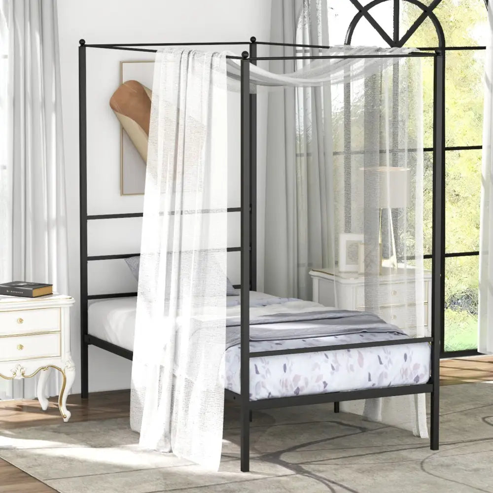 Twin/Full/Queen Size Metal Canopy Bed Frame with Slat Support-Twin Size - Black - Simple Bed Frame
