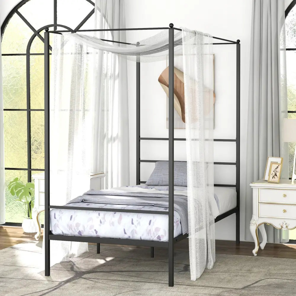 Twin/Full/Queen Size Metal Canopy Bed Frame with Slat Support-Twin Size - Black - Simple Bed Frame