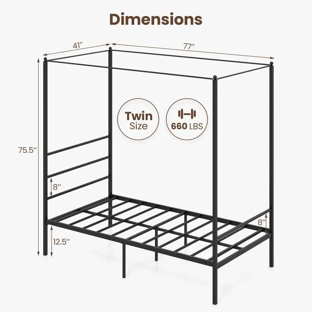 Twin/Full/Queen Size Metal Canopy Bed Frame with Slat Support-Twin Size - Black - Simple Bed Frame