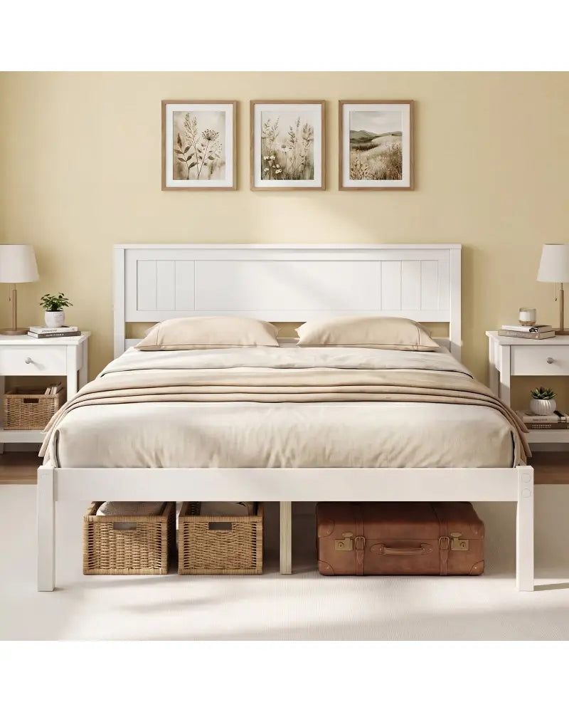 Twin/Full/Queen Size Sturdy Wooden Bed Frame with Headboard and Slat Support-Full Size - White - Simple Bed Frame