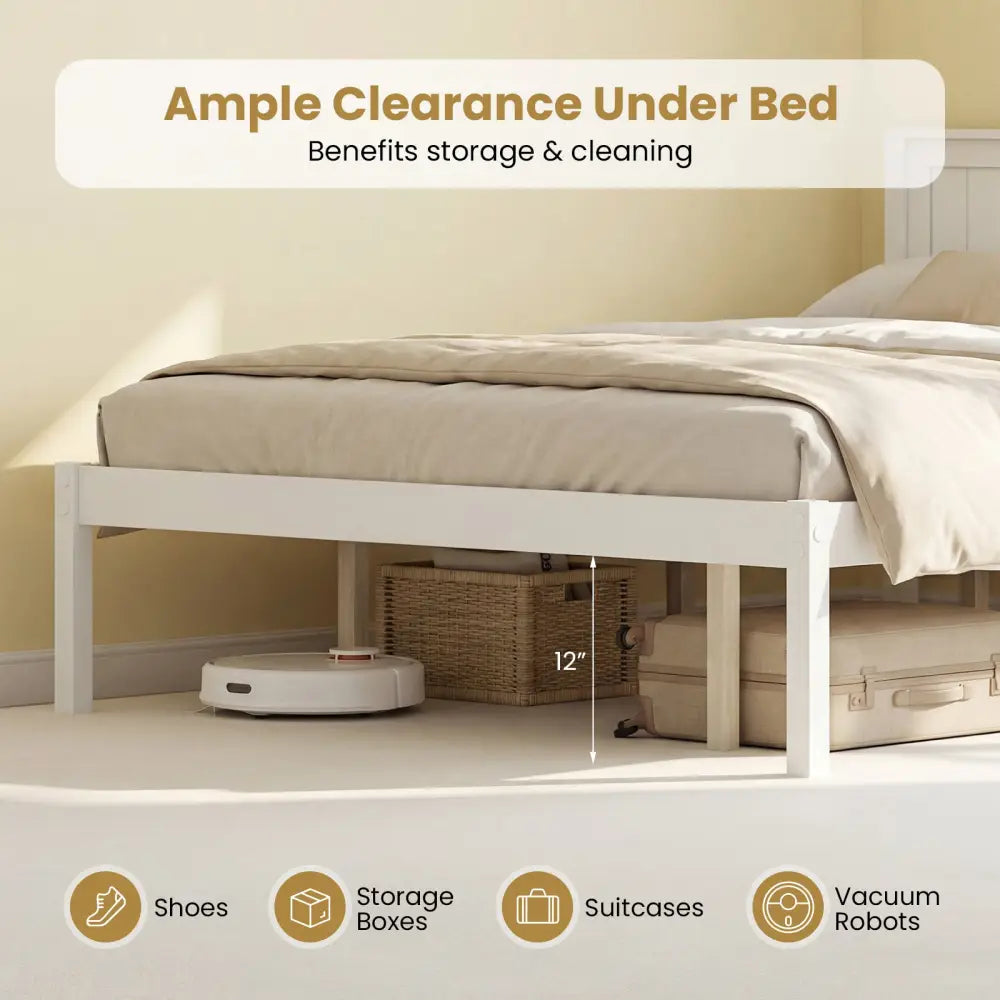 Twin/Full/Queen Size Sturdy Wooden Bed Frame with Headboard and Slat Support-Queen Size - White - Simple Bed Frame