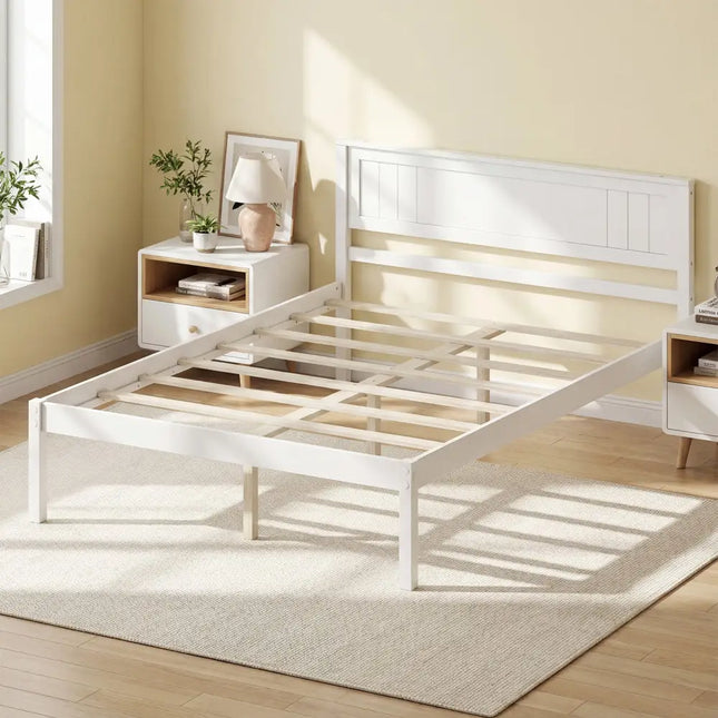 Twin/Full/Queen Size Sturdy Wooden Bed Frame with Headboard and Slat Support-Full Size - White - Simple Bed Frame