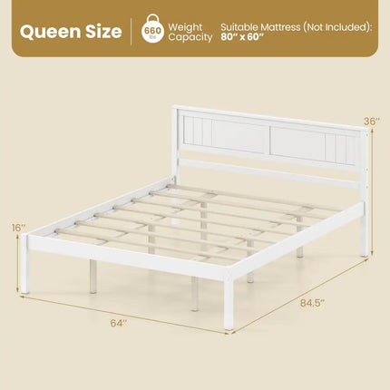 Twin/Full/Queen Size Sturdy Wooden Bed Frame with Headboard and Slat Support-Queen Size - White - Simple Bed Frame