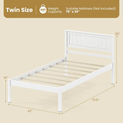 Twin/Full/Queen Size Sturdy Wooden Bed Frame with Headboard and Slat Support-Twin Size - White - Simple Bed Frame