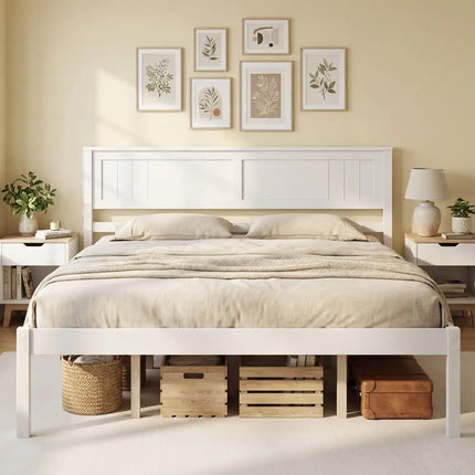 Twin/Full/Queen Size Sturdy Wooden Bed Frame with Headboard and Slat Support-Queen Size - White - Simple Bed Frame