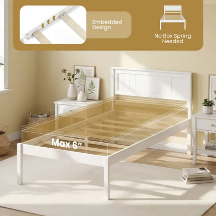 Twin/Full/Queen Size Sturdy Wooden Bed Frame with Headboard and Slat Support-Twin Size - White - Simple Bed Frame