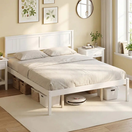 Twin/Full/Queen Size Sturdy Wooden Bed Frame with Headboard and Slat Support-Queen Size - White - Simple Bed Frame