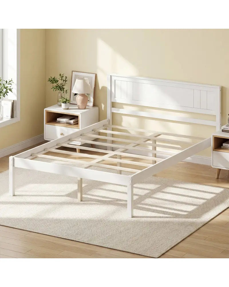 Twin/Full/Queen Size Sturdy Wooden Bed Frame with Headboard and Slat Support-Full Size - White - Simple Bed Frame