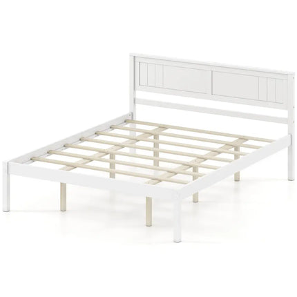 Twin/Full/Queen Size Sturdy Wooden Bed Frame with Headboard and Slat Support-Queen Size - White - Simple Bed Frame