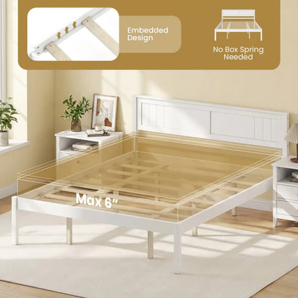 Twin/Full/Queen Size Sturdy Wooden Bed Frame with Headboard and Slat Support-Queen Size - White - Simple Bed Frame