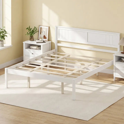 Twin/Full/Queen Size Sturdy Wooden Bed Frame with Headboard and Slat Support-Queen Size - White - Simple Bed Frame