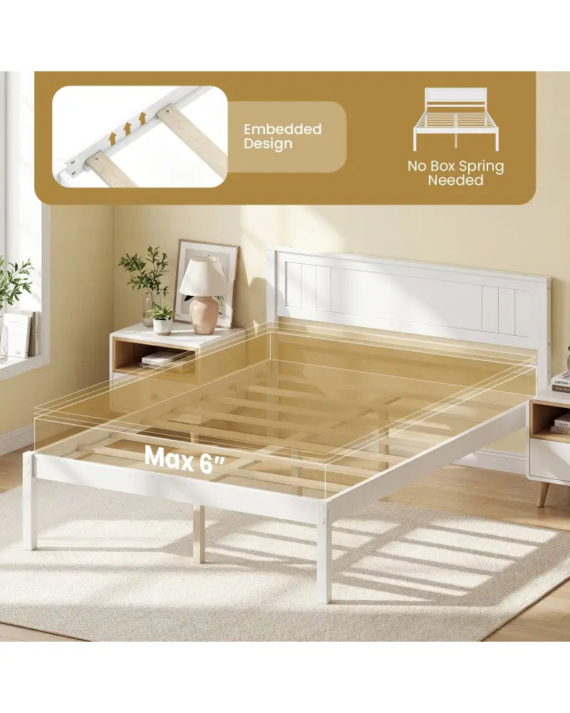 Twin/Full/Queen Size Sturdy Wooden Bed Frame with Headboard and Slat Support-Full Size - White - Simple Bed Frame