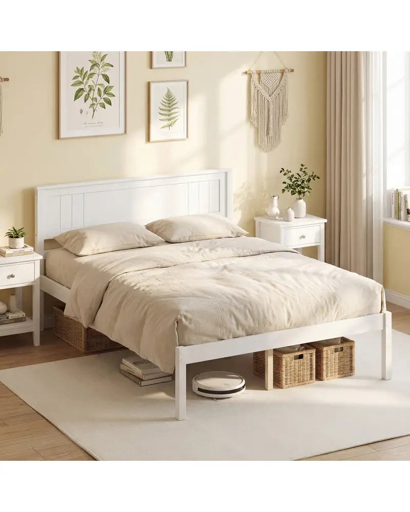 Twin/Full/Queen Size Sturdy Wooden Bed Frame with Headboard and Slat Support-Full Size - White - Simple Bed Frame