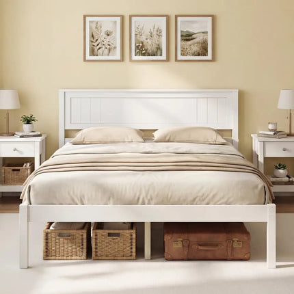 Twin/Full/Queen Size Sturdy Wooden Bed Frame with Headboard and Slat Support-Full Size - White - Simple Bed Frame