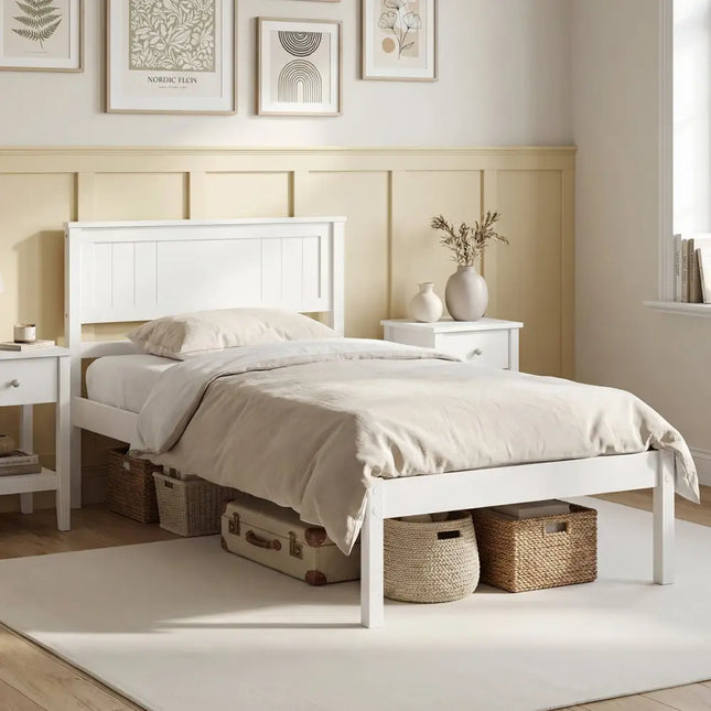 Twin/Full/Queen Size Sturdy Wooden Bed Frame with Headboard and Slat Support-Twin Size - White - Simple Bed Frame