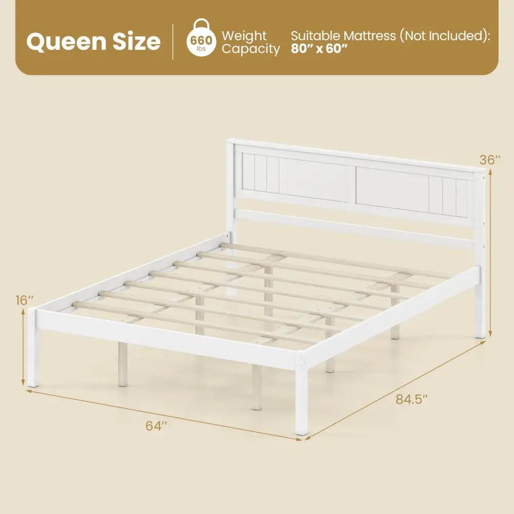 Twin/Full/Queen Size Sturdy Wooden Bed Frame with Headboard and Slat Support-Queen Size - White - Simple Bed Frame