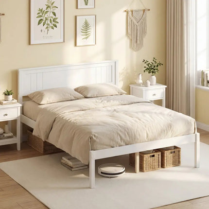 Twin/Full/Queen Size Sturdy Wooden Bed Frame with Headboard and Slat Support-Full Size - White - Simple Bed Frame
