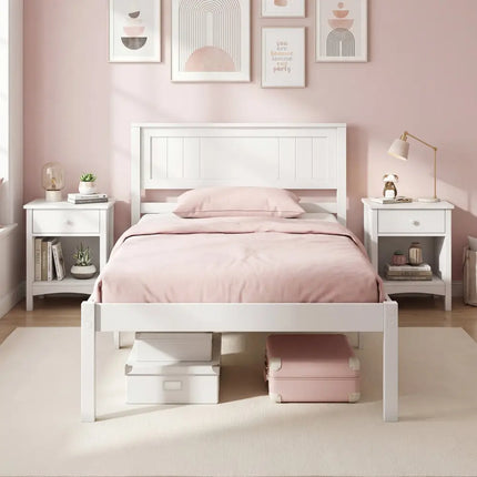 Twin/Full/Queen Size Sturdy Wooden Bed Frame with Headboard and Slat Support-Twin Size - White - Simple Bed Frame