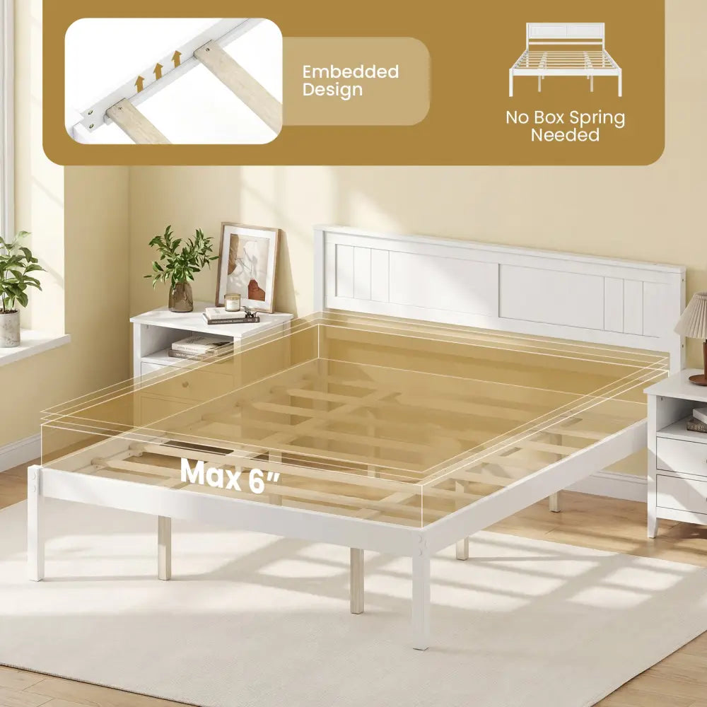 Twin/Full/Queen Size Sturdy Wooden Bed Frame with Headboard and Slat Support-Queen Size - White - Simple Bed Frame