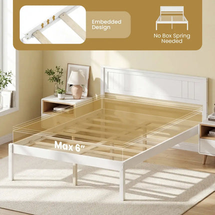 Twin/Full/Queen Size Sturdy Wooden Bed Frame with Headboard and Slat Support-Full Size - White - Simple Bed Frame