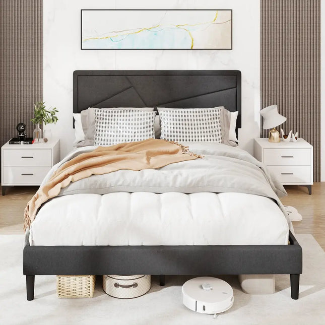 Twin/Full/Queen Size Upholstered Platform Bed Frame with High Headboard-Queen Size - Gray - Simple Bed Frame