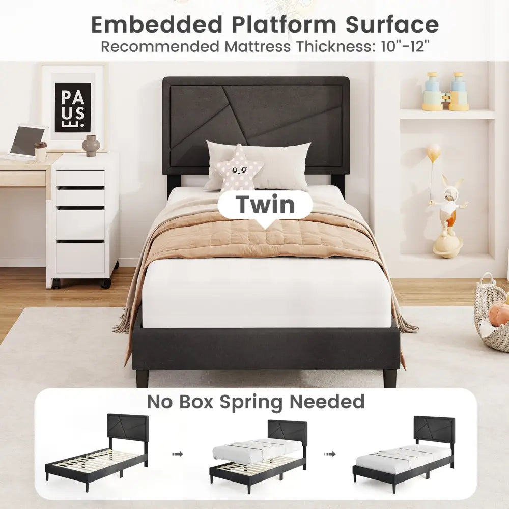 Twin/Full/Queen Size Upholstered Platform Bed Frame with High Headboard-Twin - Gray - Simple Bed Frame
