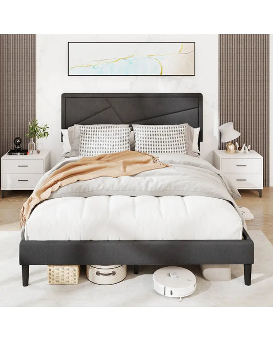 Twin/Full/Queen Size Upholstered Platform Bed Frame with High Headboard-Queen Size - Gray - Simple Bed Frame