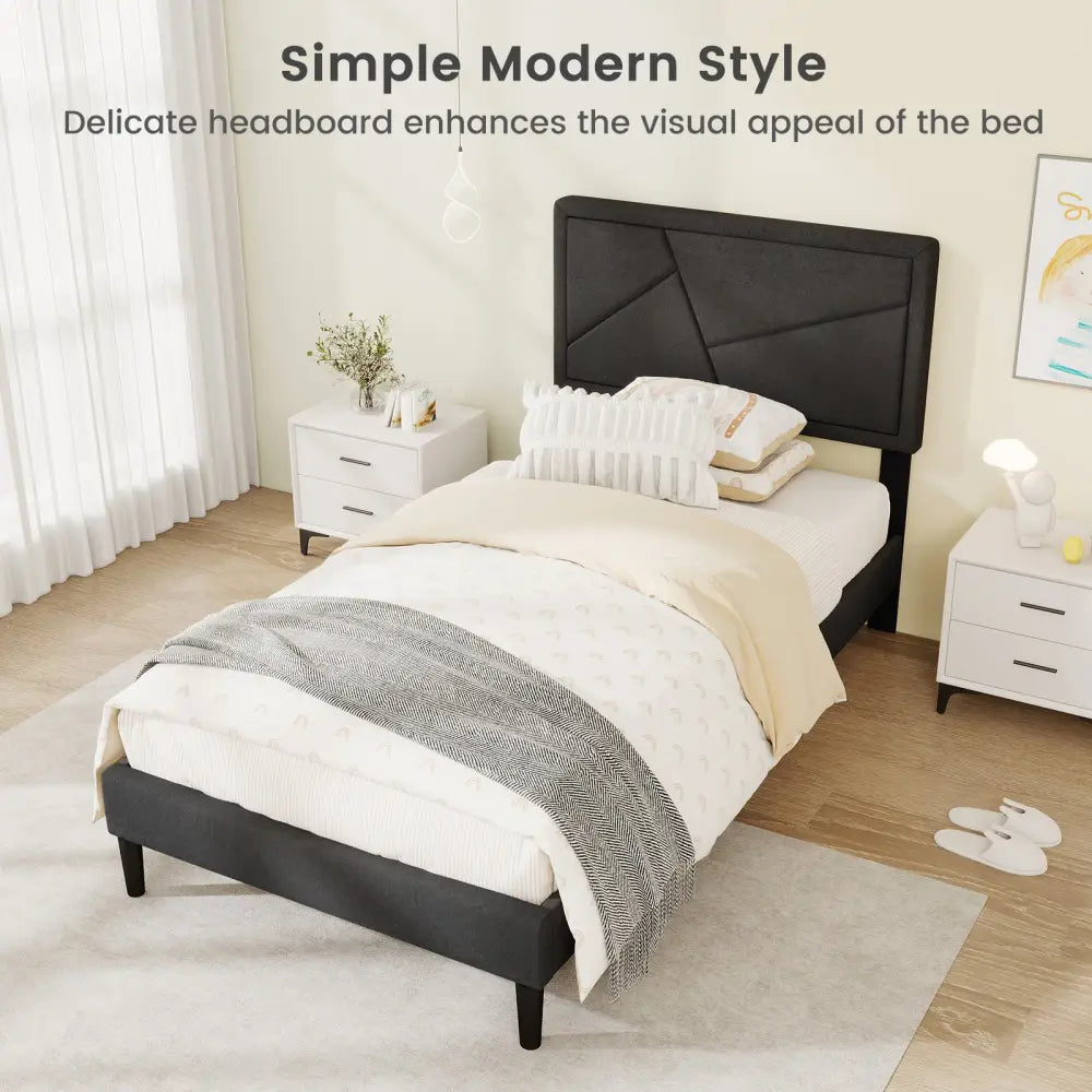 Twin/Full/Queen Size Upholstered Platform Bed Frame with High Headboard-Twin - Gray - Simple Bed Frame