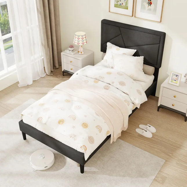 Twin/Full/Queen Size Upholstered Platform Bed Frame with High Headboard-Twin - Gray - Simple Bed Frame